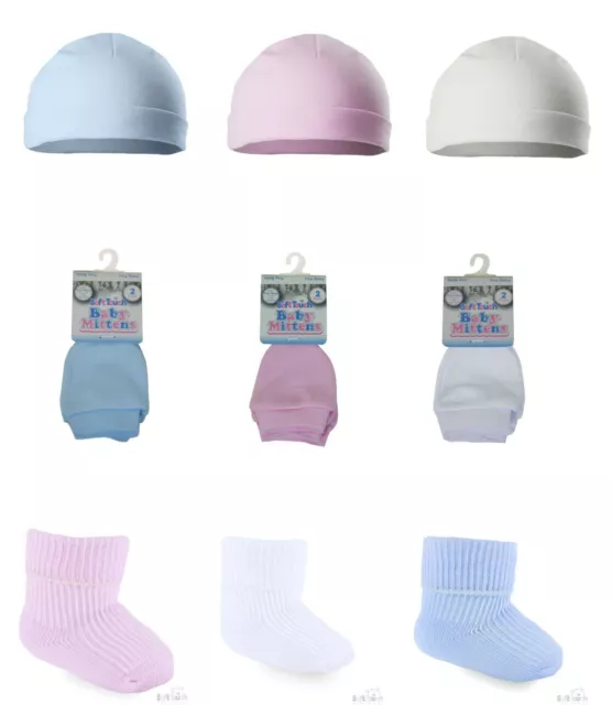 Premature Tiny Baby 2 Pack Hats Scratch Mittens & Socks  White ~ Pink ~ Blue set