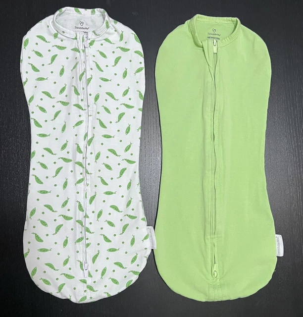 Juego de 2 sacos de dormir SwaddleMe para recién nacidos estampado de guisantes verdes con cremallera
