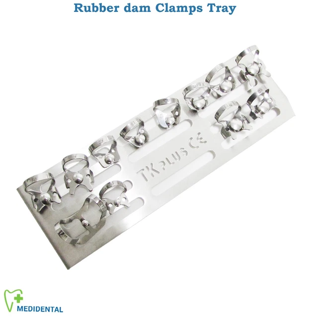 Dental Restauradora Juego De 12 Dique Goma Abrazaderas Utensilio Con Bandeja New