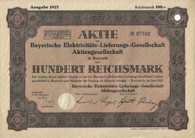 Bayerische Elektricitäts-Lieferungs-Gesellschaft AG, 1927, 100 RM, Bayreuth