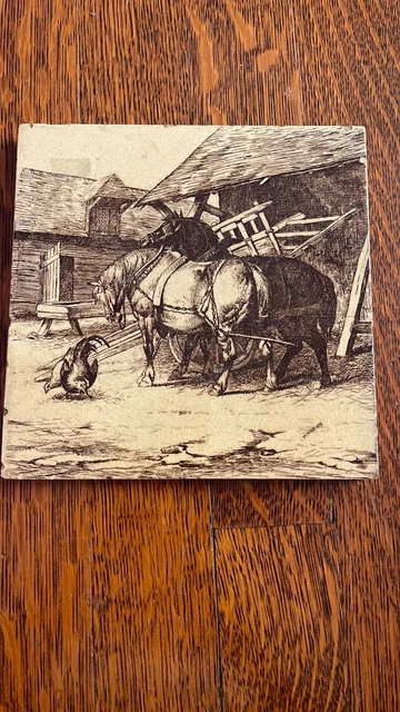 Antique Minton's Barn Scene Transferware Tile w/horses/chicken, 19th C