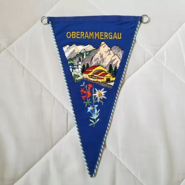 Vintage Rare Oberammergau Bayern Germany Embroidered Pennant 10"