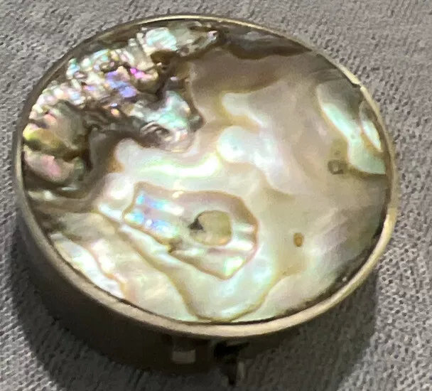 Vintage Silver Trinket Box w/Abalone Gemstone Hand Made Alpaca Mexico