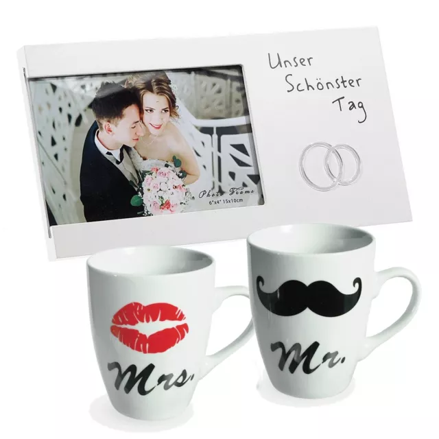 3-teiliges Geschenk zur Hochzeit 'Mr & Mrs' Tassen und Bilderrahmen / Präsent /