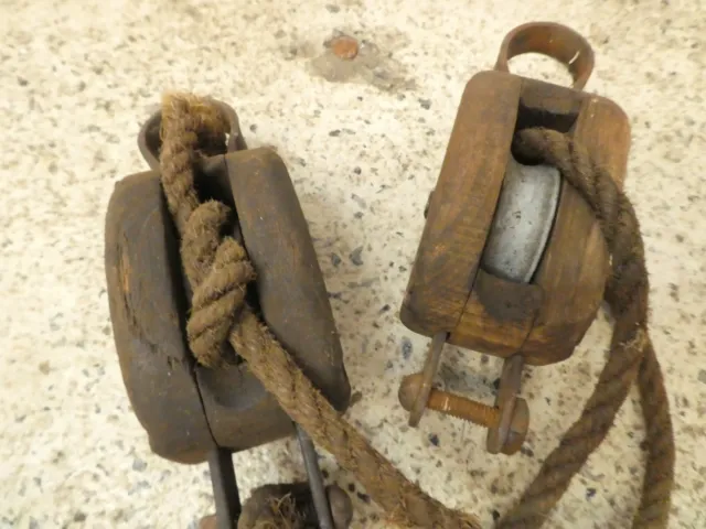 2 Vintage Wooden Pulleys And Old Rope