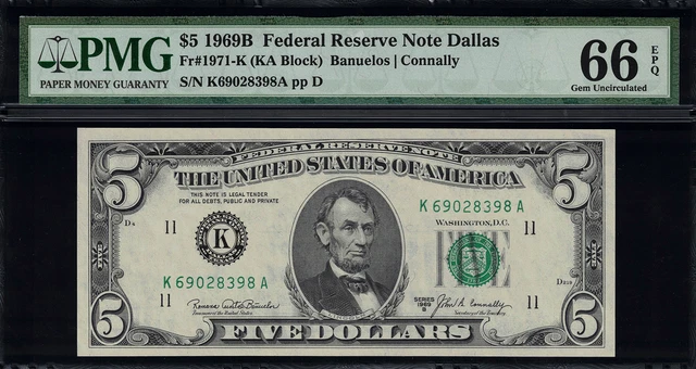 1969B $5 Federal Reserve Note Dallas - FR. 1971-K - PMG 66 EPQ Gem Uncirculated