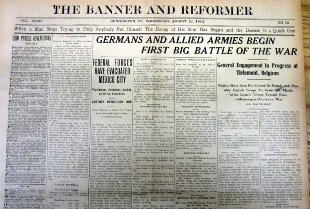 5 1914 newspapers WW I BEGINS w BATTLES between Great Britain / France & Germany