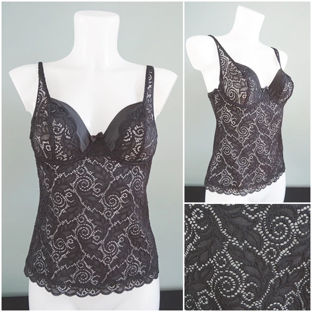 Camicia vintage anni '90 nera poliestere pizzo raso donna 30" busto anni '90