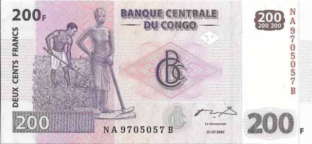 CONGO 200 Francs - P-99a, UNC from 2007, Workers and Drummers