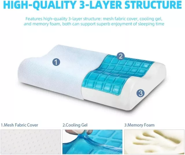 Deluxe Density Memory Foam Pillow with Cooling Gel Top with Cover Flat Curved AU