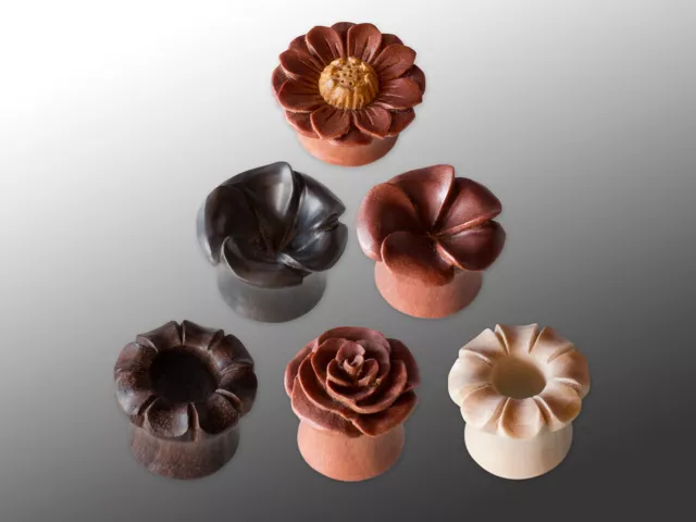 Holz Blüten Ohr Plug verschiedene 3D Flesh Tunnel Hibiskus Rose Blumen 4 - 30 mm