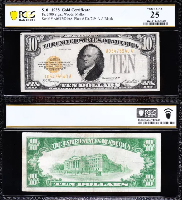 VERY NICE Bold & Crisp VF 1928 $10 GOLD CERTIFICATE! PCGS 25! FREE SHIP! 75940A