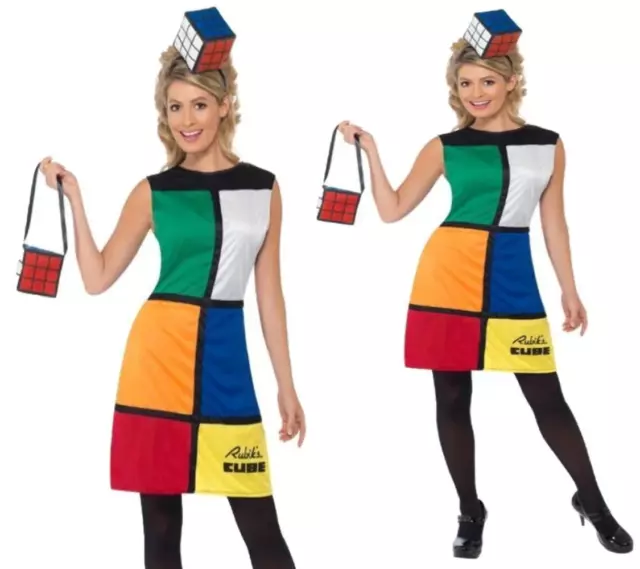 80's Rubiks Cube Costume Ladies Fancy Dress Retro Womens Outfit 8 - 18