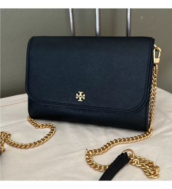 NWT Tory Burch Emerson Chain Wallet Saffiano Leather Crossbody in Black