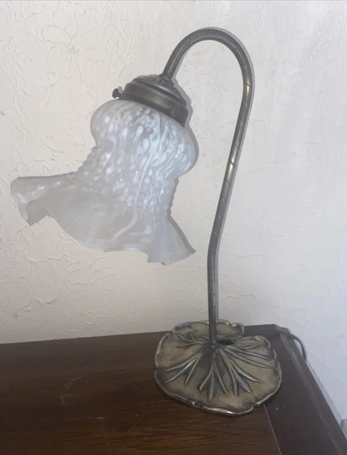 Vintage Tulip Frosted Glass Shade Lily Pad Metal Base Goose Neck Table Lamp #104