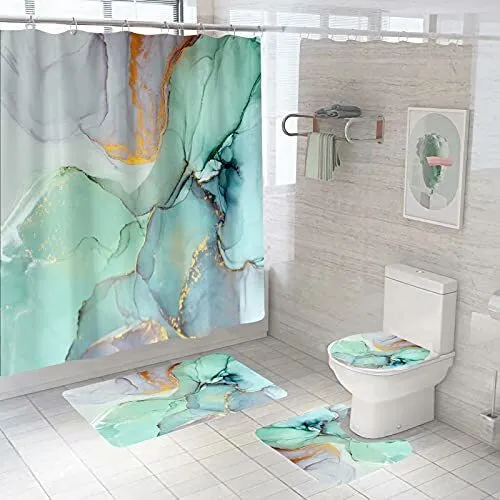 Colourful Shower Curtains Sets with Rugs Jade Texture Stripes 72"W x 72"L Green