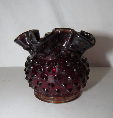 Vintage Fenton Hobnail Ruby Double Crimped Ruffled Small Glass Vase 3"