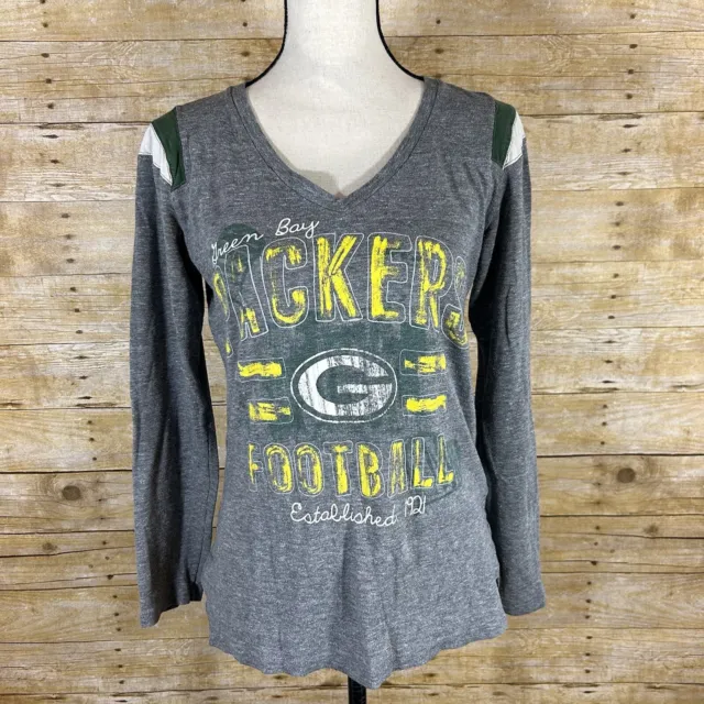 NFL Team Apparel Womens L Green Bay Packers Gray V Neck T Shirt Long Sleeve