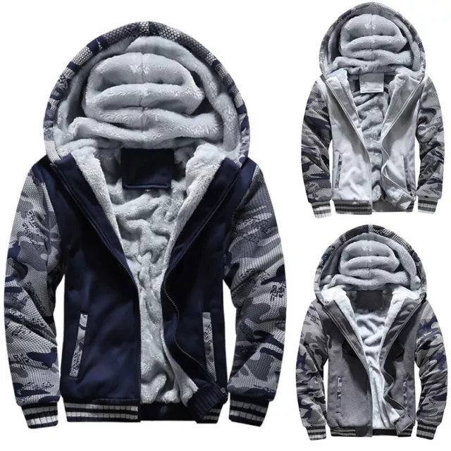 Mens Fleece Fur Bomber Hooded Jacket Coat Zip Warm Hoodie Sweatshirt S-5XL SIZES