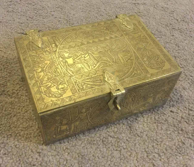 Vintage Egyptian Engraved Brass Box Casket Wood Lined