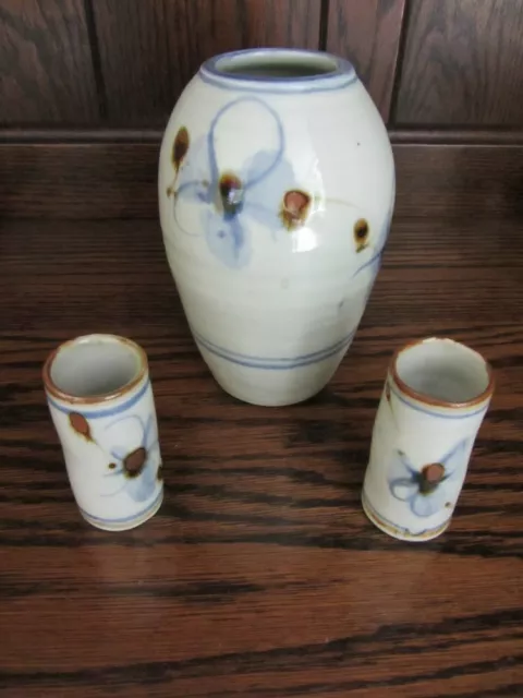 Cool VASE + 2 small pots STUDIO POTTERY STONEWARE    FLOWER or  BRUSHES HOLDER