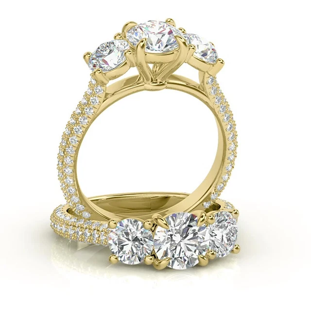 Three Stone Pave 3.50 Carat VS2/H Round Diamond Engagement Ring 14k Treated Three Stone Pave 3.50 Carat VS2/H Round Diamond Engagement Ring 14k Treated