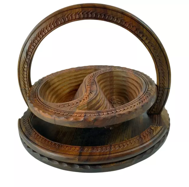 Vintage 10” Round Collapsible Folding Wooden Basket & Trivet Bowl Hand Carved