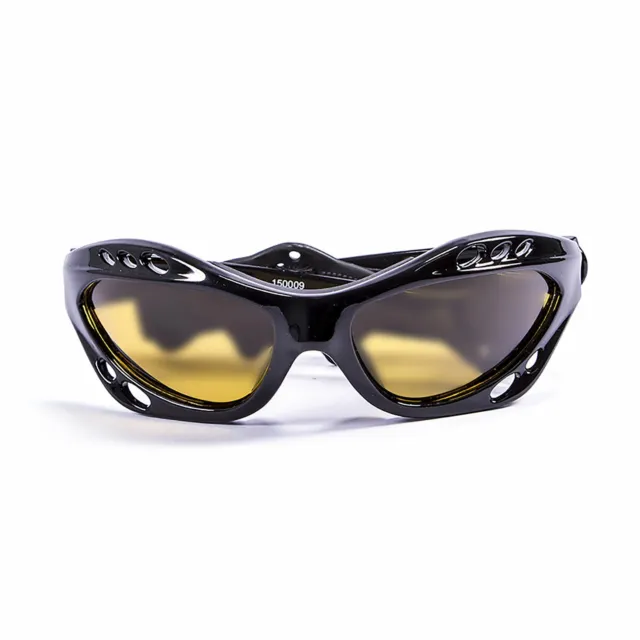 OCEAN CUMBUCO Floating Sunglasses Kiteboarding, Shiny Black & Yellow Lens