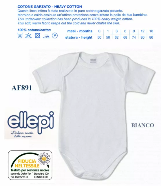 Body Neonato Manica Corta Ellepi In Caldo Cotone Art. Af891 Bianco 100% Cotone