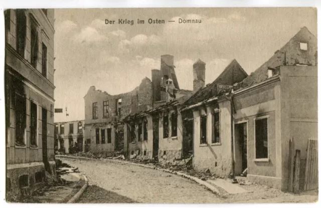 AK Domnau,Ostpreußen,Straße,zerstörte Häuser 1915