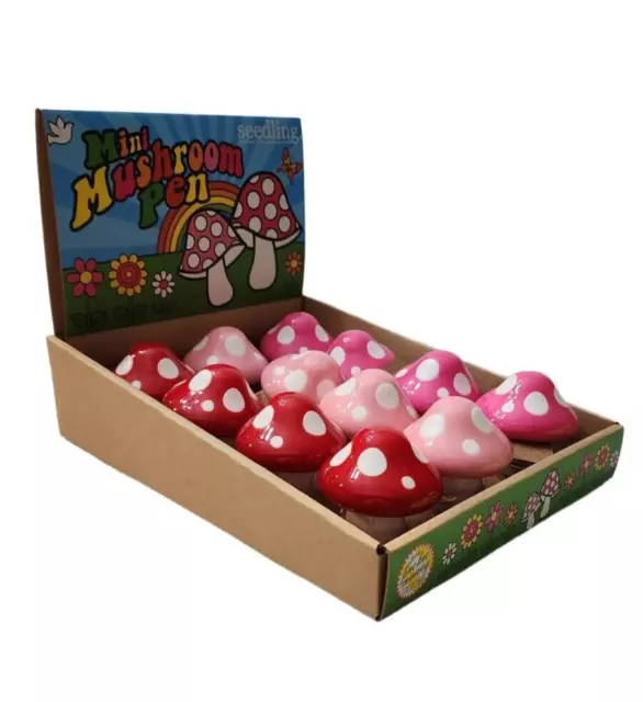 72pc Mini Mushroom Black Ballpoint Pens Display Red Pink Polka Dot Figurines