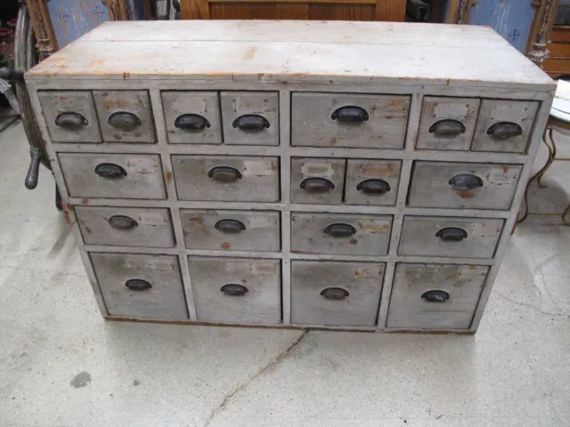 Antique 20 Drawer Rustic Wood Cabinet Old Gray Paint Original Hardware 41 3/8" L