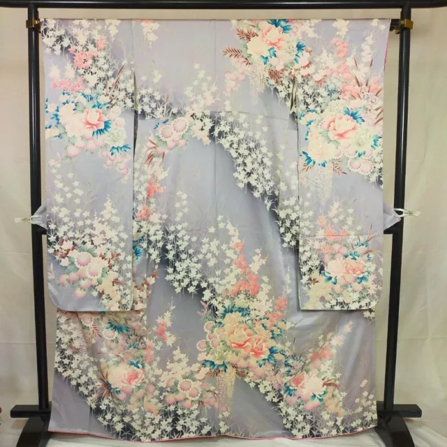 Japanese Kimono robe doress Furisode Four Seasons Flower Pure Silk 564
