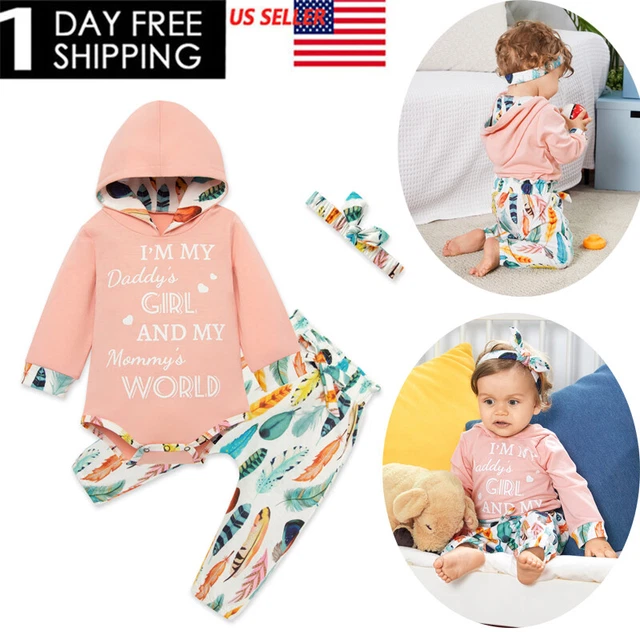 3PCS Newborn Baby Girls Clothes Romper Tops Floral Pants Headband Outfits Set