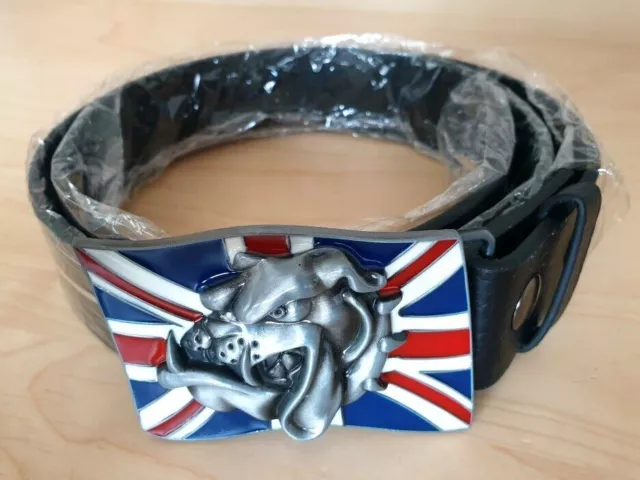 Ceinture En Cuir Avec Boucle Bulldog Drapeau Anglaise 110 Cm