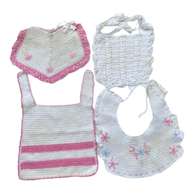 Vintage Handmade Crochet Doll Baby Infant Pink White Floral Bibs Lot Of 4