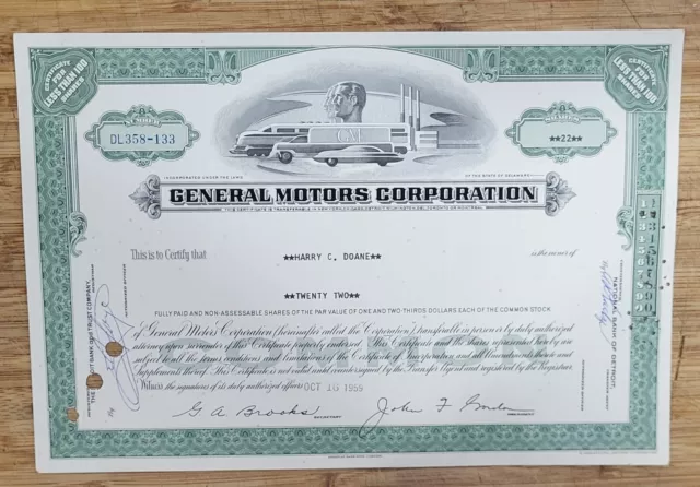 Stock Certificate General Motors Less than 100 Shares Grey