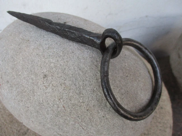 Antique Wrought in Iron Tethering Large Ring on Pin Game Hook Old Wall Hardware 2
