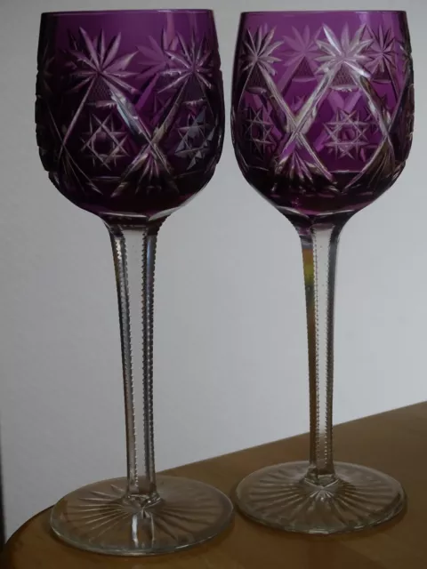 2 Anciens Verres A Vin Roemer Cristal Doubler Colorer Amethyste