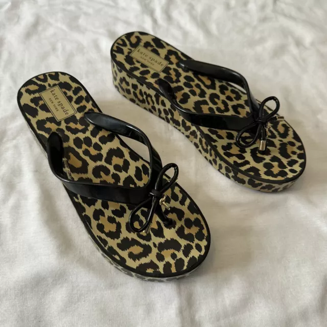 KATE SPADE Women’s 8 Rhett Leopard Thong Wedge Flip Flops Black Platform Sandals