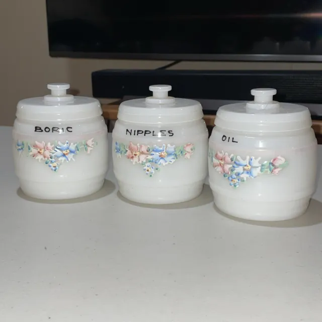 Vintage Baby Dresser Jar Set With Lids Milk Glass - Nipples Boric Oil