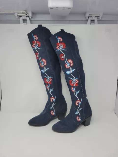 Carlos Santana Womens Boots Size 6M Alexia  Floral Navy  Embroidered  Knee