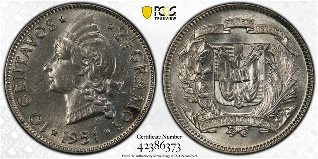Dominican Republic Silver 10 Centavos Unc Coin 1951 Year Km#19 Pcgs Grading Ms63