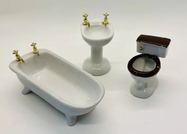 Dollhouse Bathroom Set White Porcelain Tub Toilet Sink 1:12 Scale Miniature