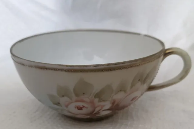 Antique Nippon Tea Cup Hand Painted Moriage Floral Pink Gold