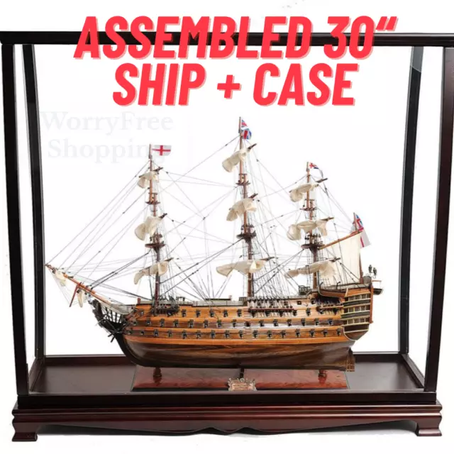 HMS Victory Tall SHIP MODEL & CASE SET Antique Vintage Sailing Warship Frigate