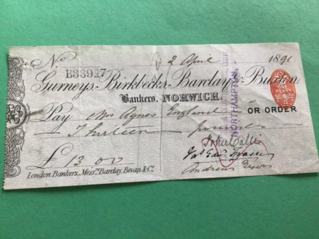 Gurneys Birkbecks Barclay & Buxton Bankers Norwich 1891 Cheque  A12077