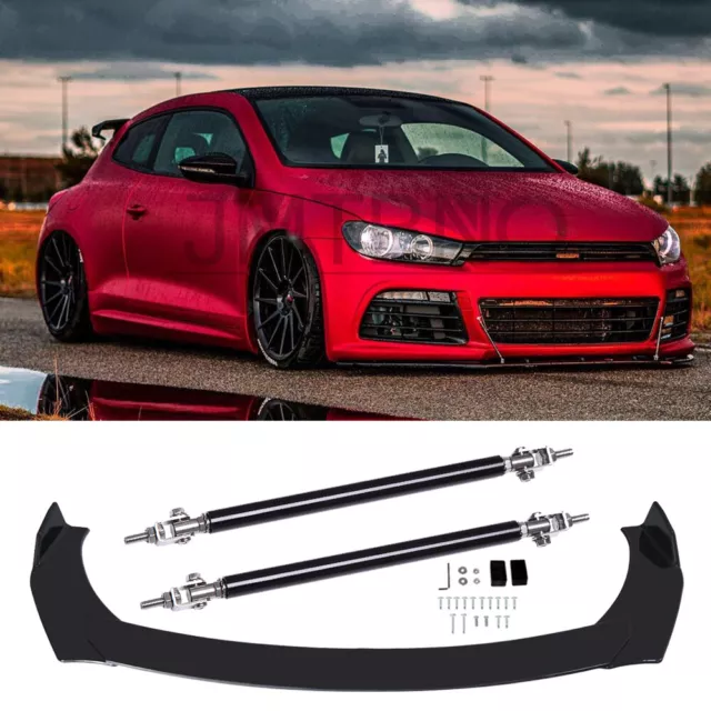 For VW Scirocco Gloss Black Front Bumper Lip Splitter Spoiler Kit + Strut Rods