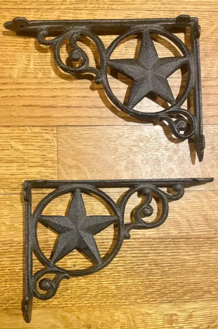 2 Cast Iron Star Brackets Garden Braces Shelf Country RUSTIC Corbels Mantle