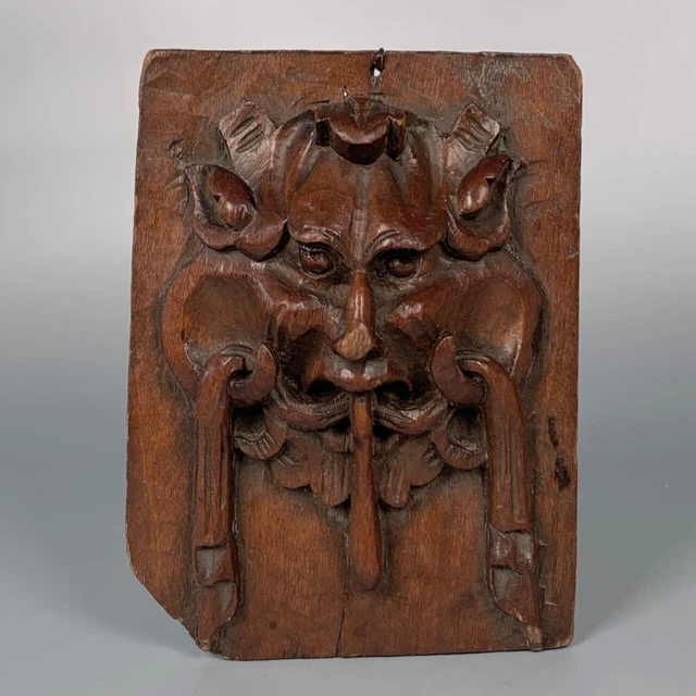 Antique French Hand Carved Wooden Panel Bas-Relief, Mascaron, Mask, Grotesque